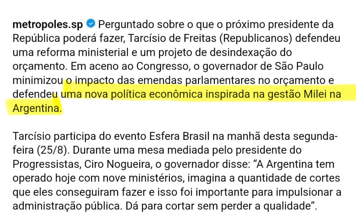 A imagem mostra uma publicação do perfil metropoles.sp no Instagram. A matéria relata que o governador de São Paulo, Tarcísio de Freitas (Republicanos), ao ser questionado sobre medidas de um futuro presidente da República, defendeu uma reforma ministerial e um projeto de desindexação do orçamento. Ele minimizou o impacto das emendas parlamentares e afirmou ser favorável a “uma nova política econômica inspirada na gestão Milei na Argentina” (trecho destacado em amarelo). O governador participou do evento Esfera Brasil nesta segunda-feira (25/8), em mesa mediada por Ciro Nogueira. Tarcísio citou o exemplo da Argentina, que opera com nove ministérios, destacando os cortes realizados e afirmando que isso impulsionou a administração pública sem perda de qualidade.