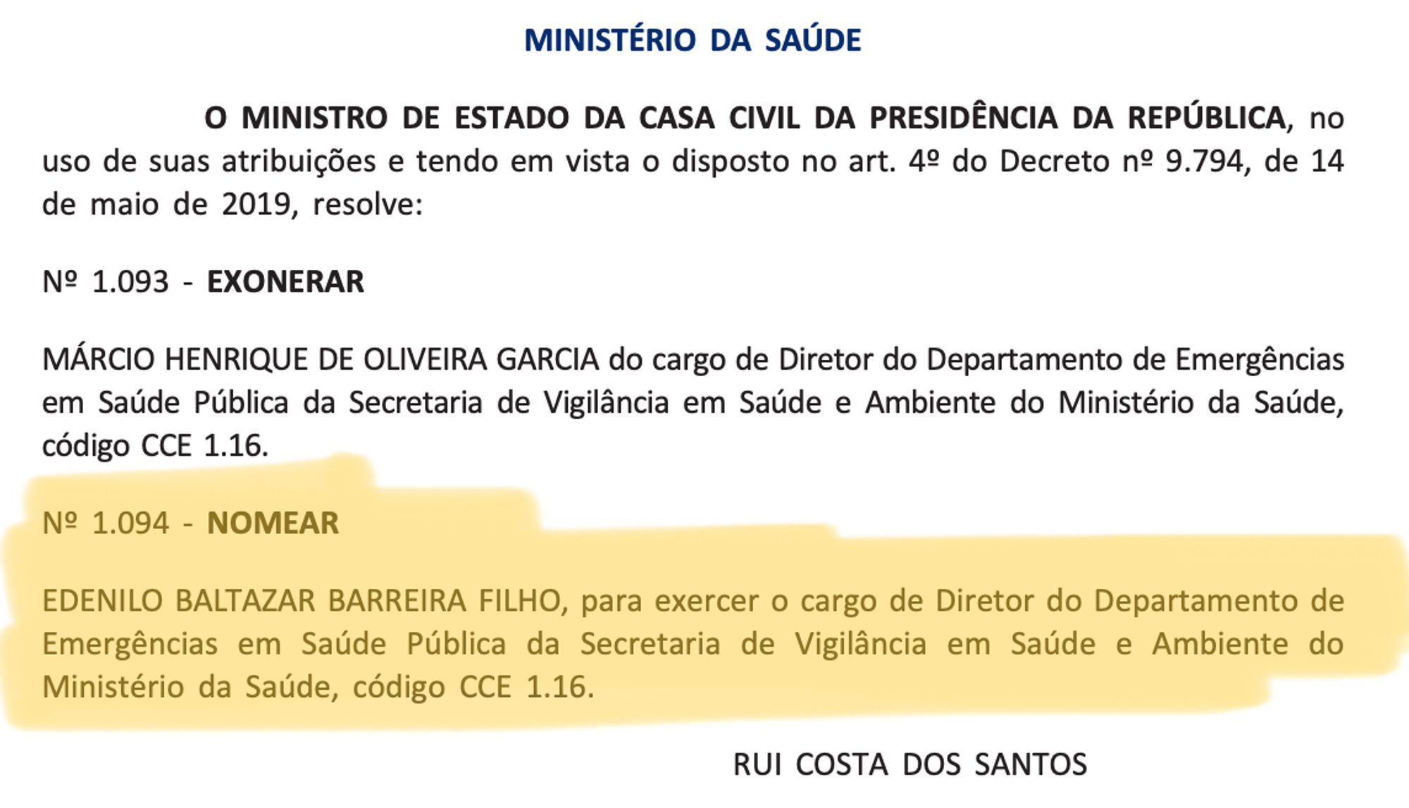 Publicação no Diário Oficial da União: Edenilo Baltazar Barreira Filho nomeado Diretor do Departamento de Emergências em Saúde Pública da Secretaria de Vigilância em Saúde e Ambiente do Ministério da Saúde