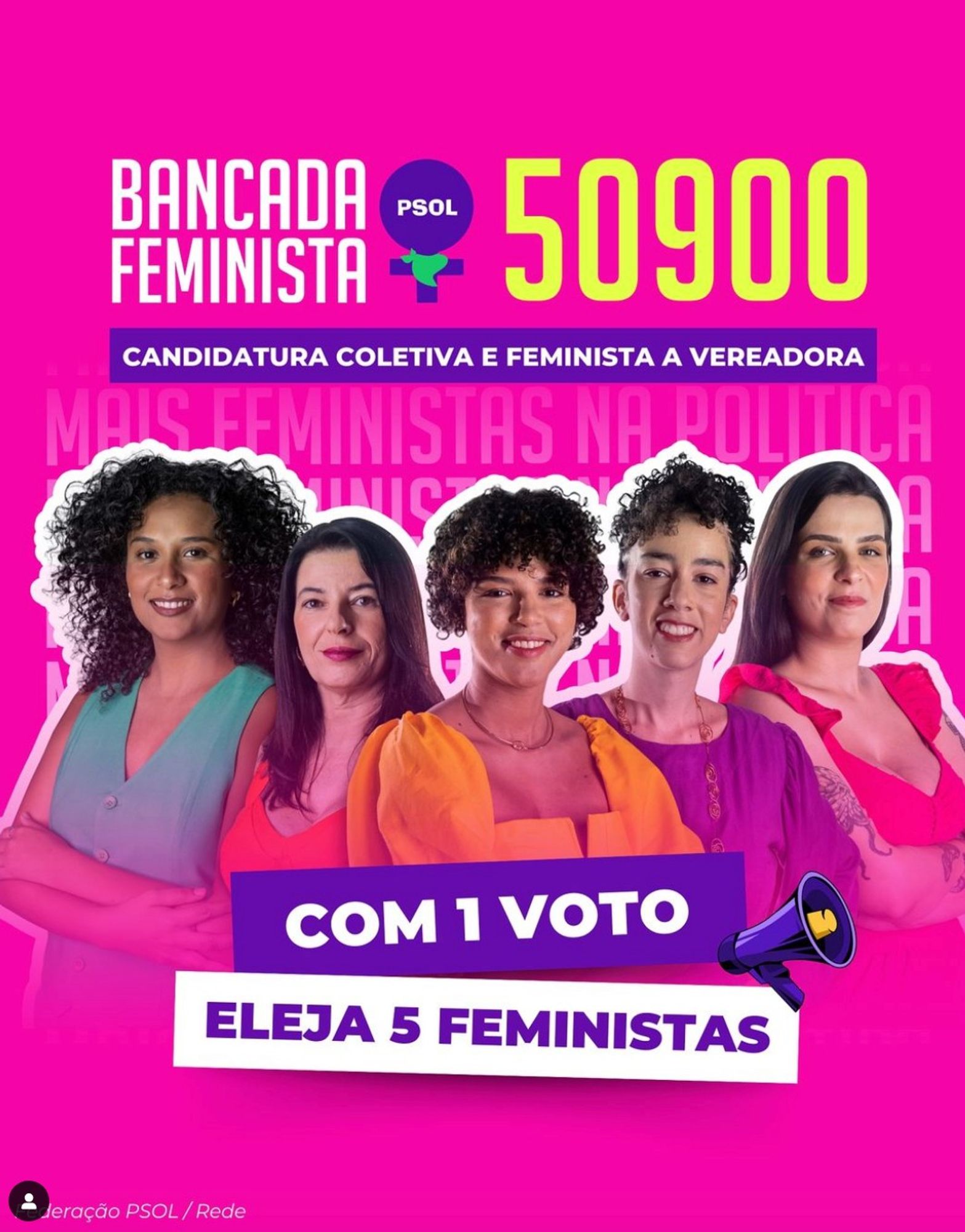 Santinho da Bancada Feminista, candidatura coletiva a uma cadeira na Câmara de São Paulo pelo PSOL. Número: 50900