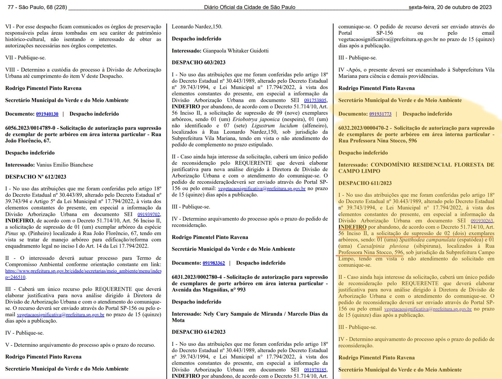 Publicação no Diário Oficial do Município de São Paulo em 20 de outubro de 2023, destacando despacho indeferindo a remoção de duas árvores na Rua Professora Nina Stocco, 596, sob jurisdição da Subprefeitura Campo Limpo
