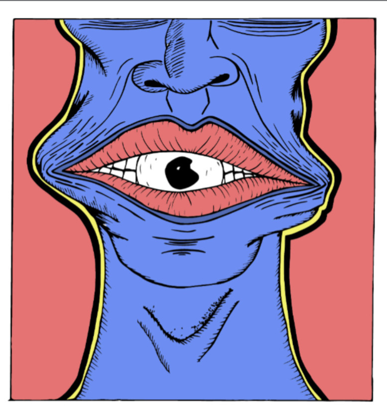 Ilustração de uma face que não mostra os olhos, e tem um olho na boca, em uma releitura da capa do álbum do tom zé, "todos os olhos". Num fundo rosa com a pela azul