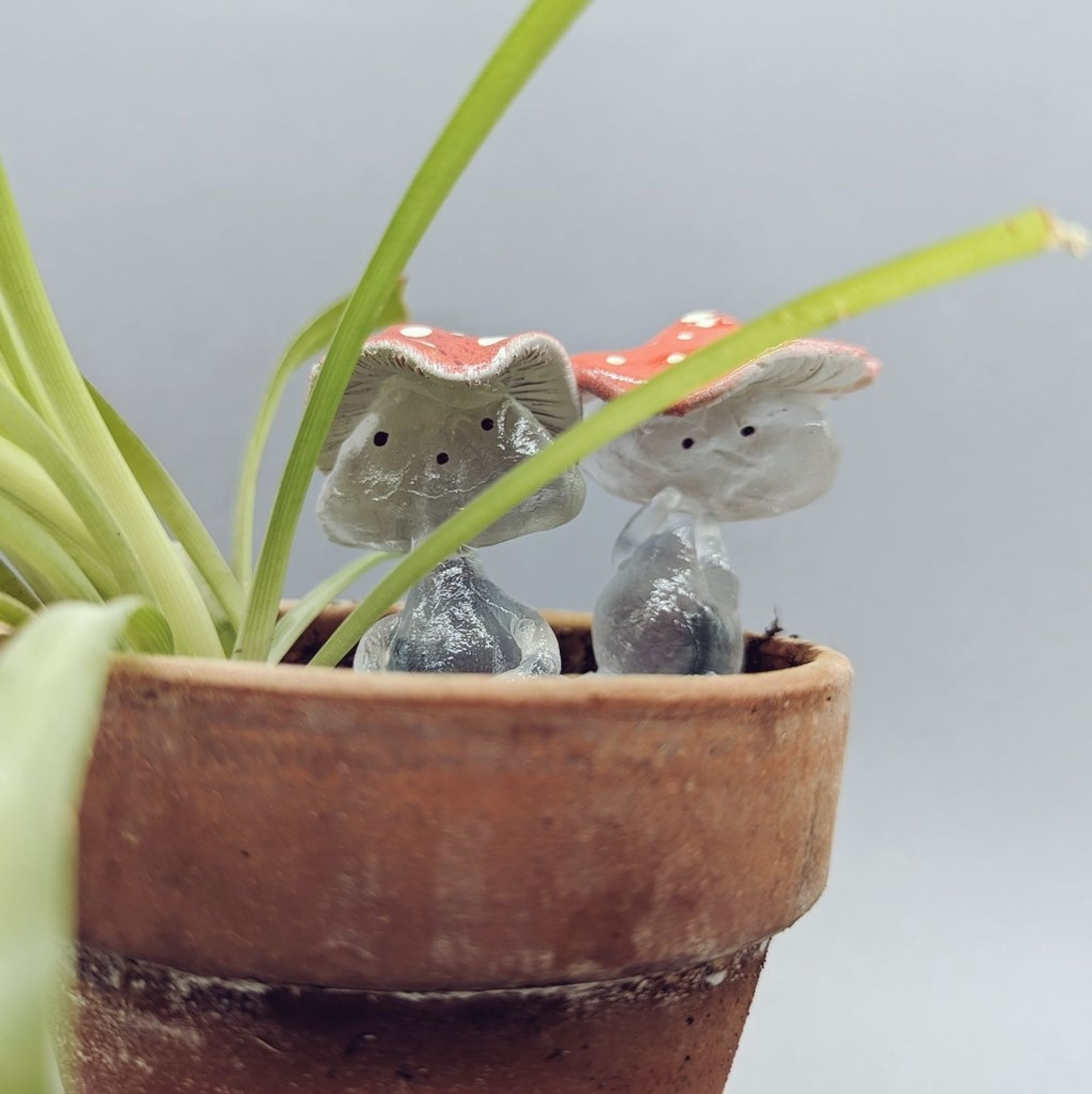 Petit bonhomme en verre avec un champignon en chapeaux. (En résine) ils sont dans un pot de fleurs