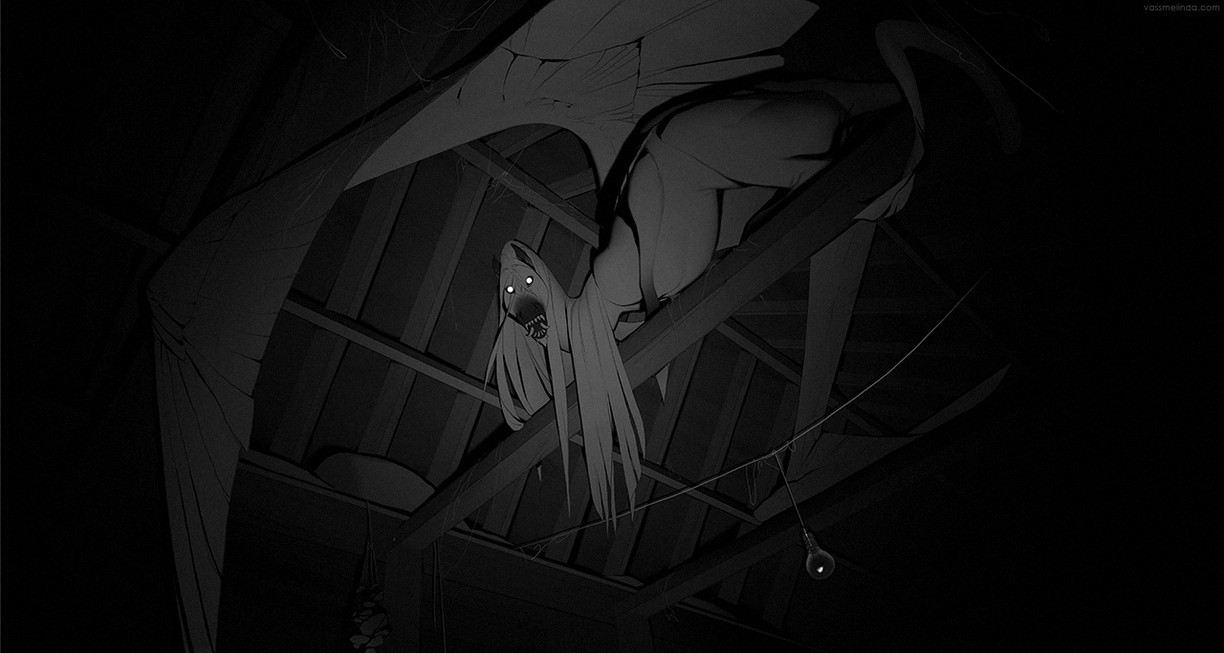 A very dimly lit, colorless interior of a building. There is a monstrous Pegasus crouching on a wooden beam near the ceiling.