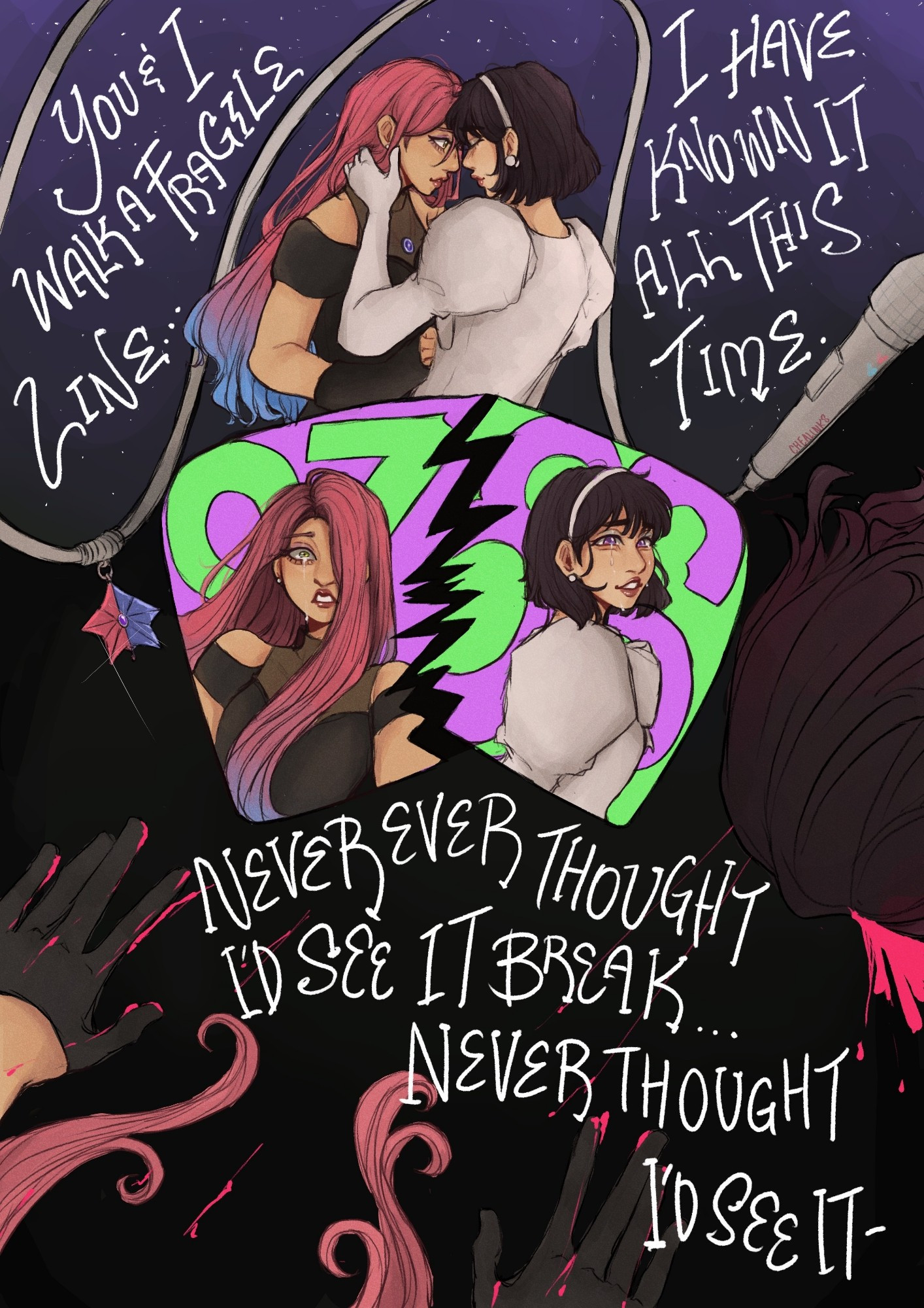 Comic based on Taylor Swift's song Haunted.

The lyrics "You and I walk a fragile line, I have known it all this time" surround Mizi and Sua from Alien Stage and Sua comforts Mizi as their foreheads are pressed together. Below is a box torn apart, on the left hand side is Mizi with a sfore or 87 and on the right is Sua with a score of 86, they are both crying, but Sua is smiling even so. The last panel at the bottom has the lyrics "Never ever thought I'd see it break, never thought I'd see it-" qnd shows Mizi's hands bloodier as the backnof Sua's head bleeds on the ground.