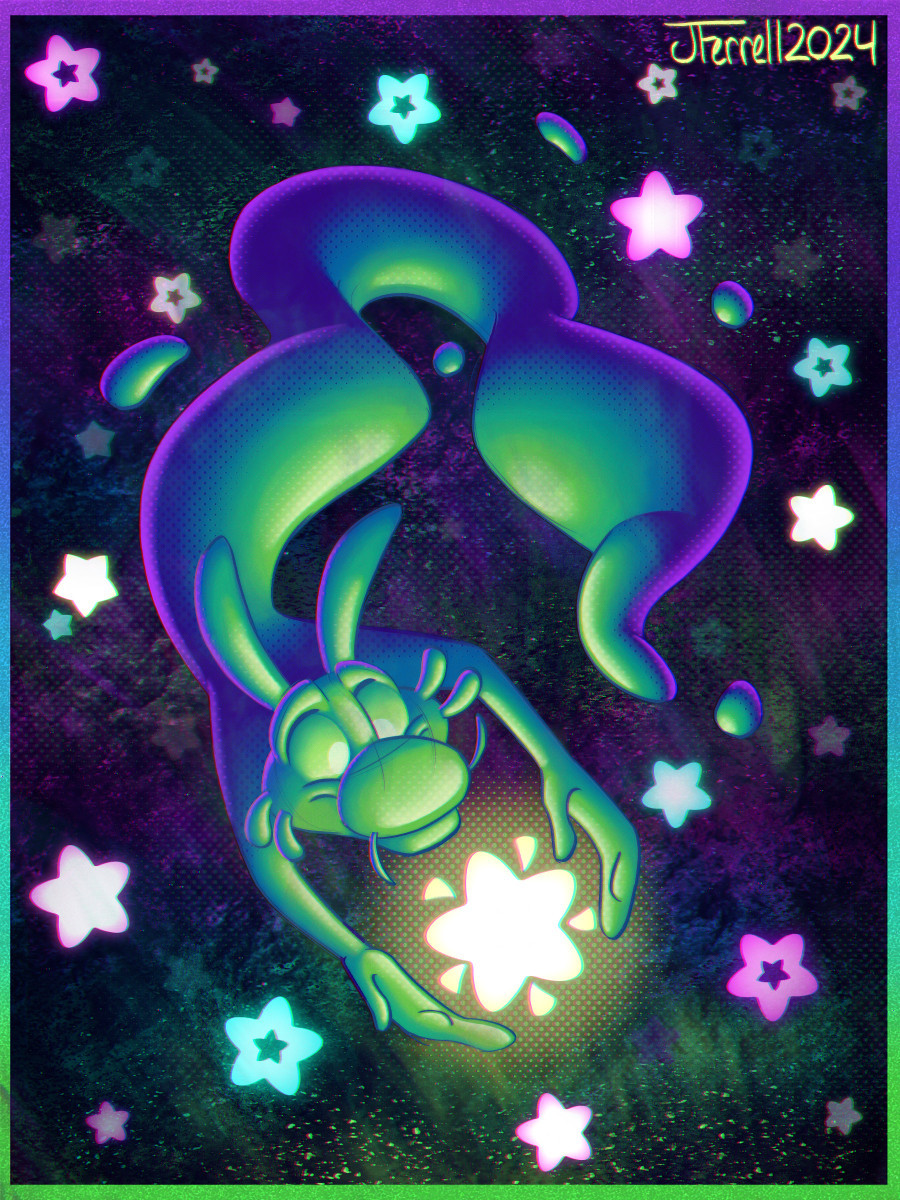 Ollie the slime monster seems to be floating in space, their slimey body extending in a way reminiscent of a lava lamp. They are surrounded by glowing stylized stars, a big one between their hands. The entire picture is comprised of bright blues, purples, pinks, green, and glowy yellow light against a dark background, with screen print effects and heavy chromatic aberration that contribute to the glow effect.