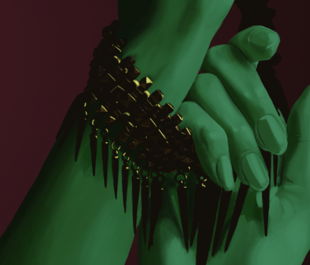 a hand holding a necklace which is around the wrist of the person's other hand. The skin is green.