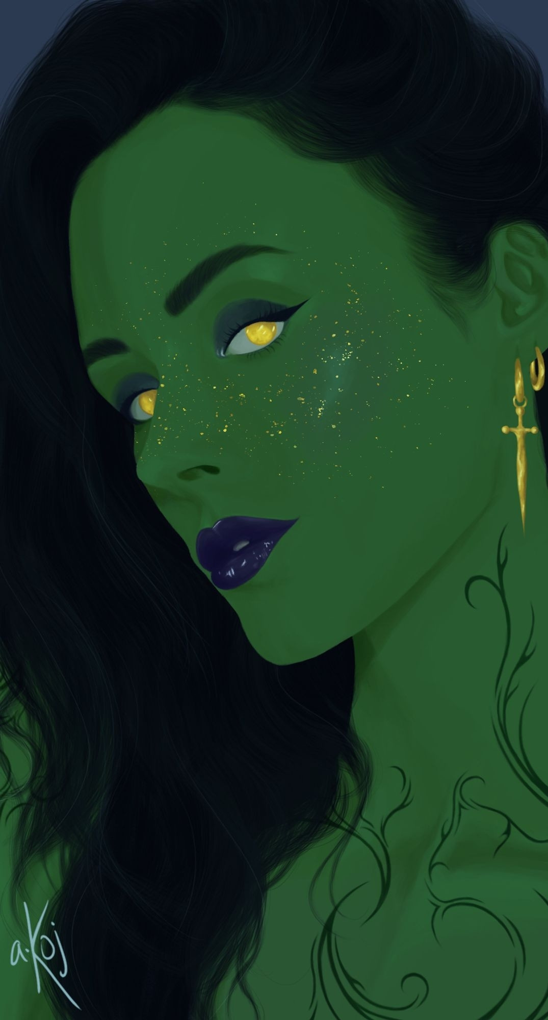 A green skinned woman with long black hair looks at the camera with a three quarter angle. She has tattoos on her chest and going up her neck, purple lipstick, grey eyeshadow, and gold earrings. Her eyes are gold with no pupils, and she has gold freckles on her cheeks and nose.