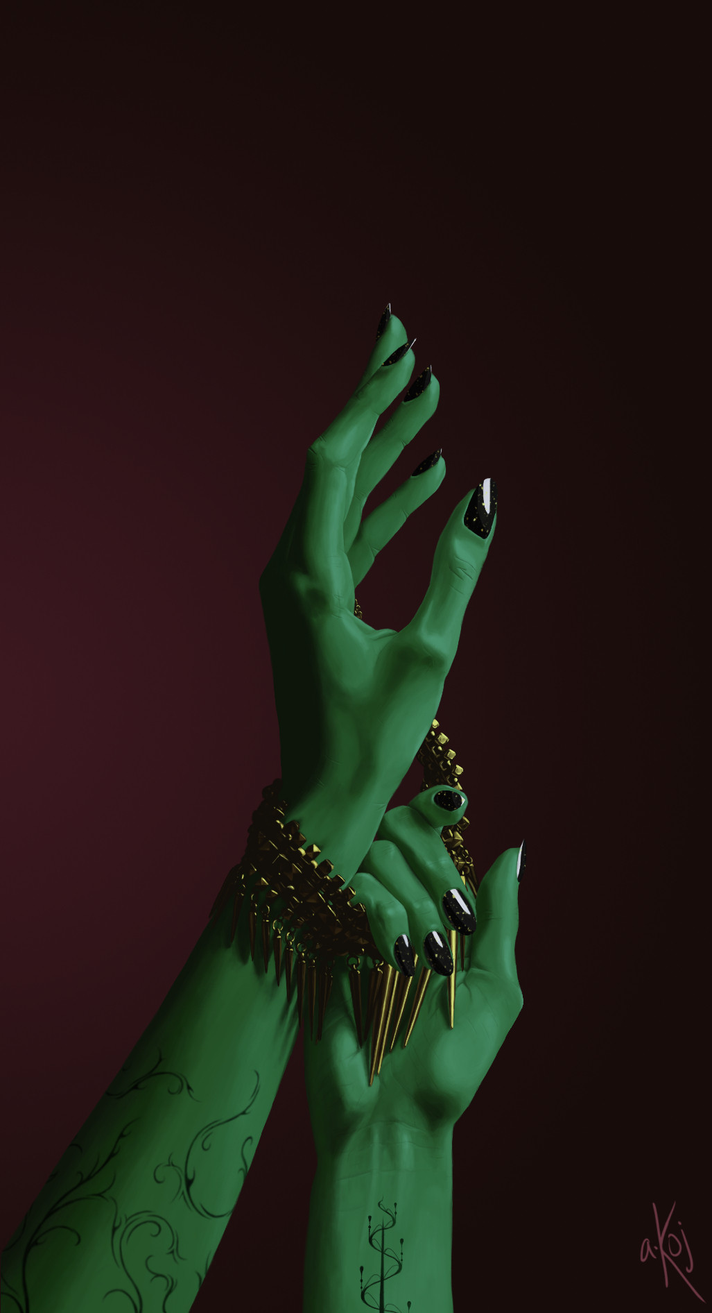 a hand reaching up with jewelry around the wrist. Another hand is holding on to the jewelry. There are tattoos on both arms, and the skin is green.