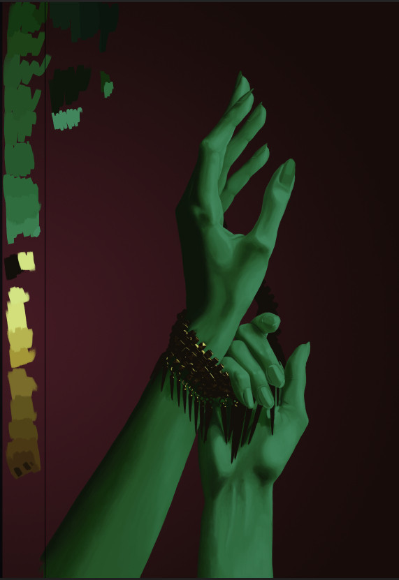 A green hand reaching up with dramatic lighting. The bottom of the painting cuts off before the elbow. There is a gold necklace around the wrist, and the person's other hand is holding it and pulling it down.