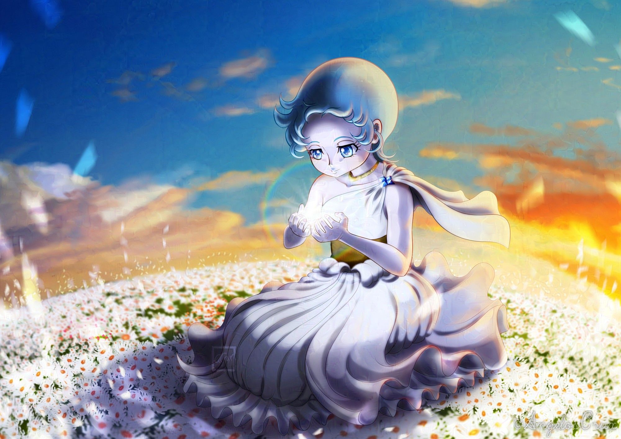 A light blue-haired girl in the middle of a flower field holding light between her hands at sunset