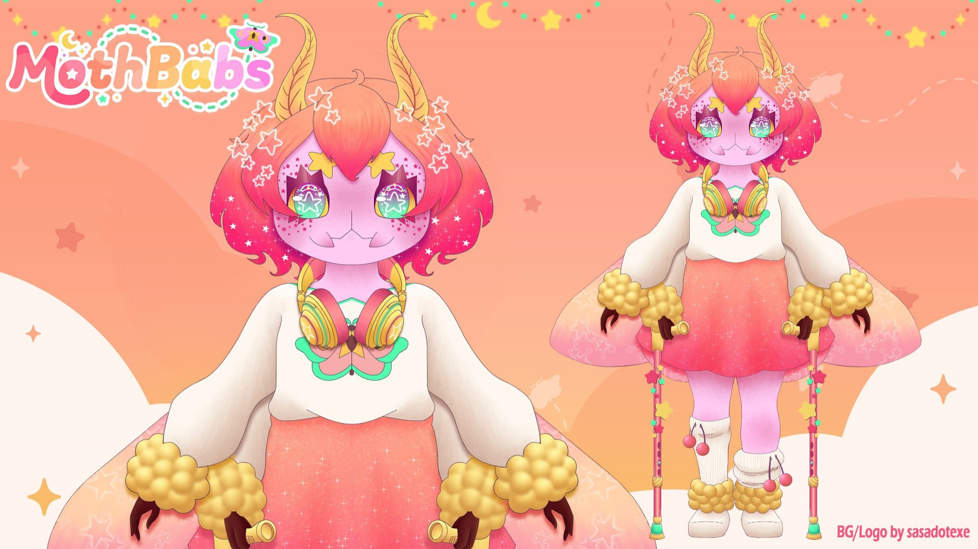 A showcase for an anthropomorphic rosy maple moth vtuber. There is a full-body image and a closeup of the top half. He has pink sparkly hair and yellow antennae, with stars floating around his head. He is wearing a white sweater with four arms and a moth oshi mark on it and a pink sparkly skirt. He's got pink and yellow headphones around his neck. In the lower set of arms he has pink and yellow forearm crutches with rainbow stars. Around his wrists and ankles there are yellow puffs. His skin is pale pink with darker pink star freckles around the eyes. He's got large green and pink eyes with star patterns and large, shiny purple eyelashes. His eyebrows are yellow and star shaped. He has no nose and a bug shaped, fanged mouth. The background is orange and dotted with star and moth silhouettes, with a star and moon garland lining the top. A colorful logo that says "Mothbabs" is in the top right corner. There is text that says "BG/Logo by sasadoxexe".