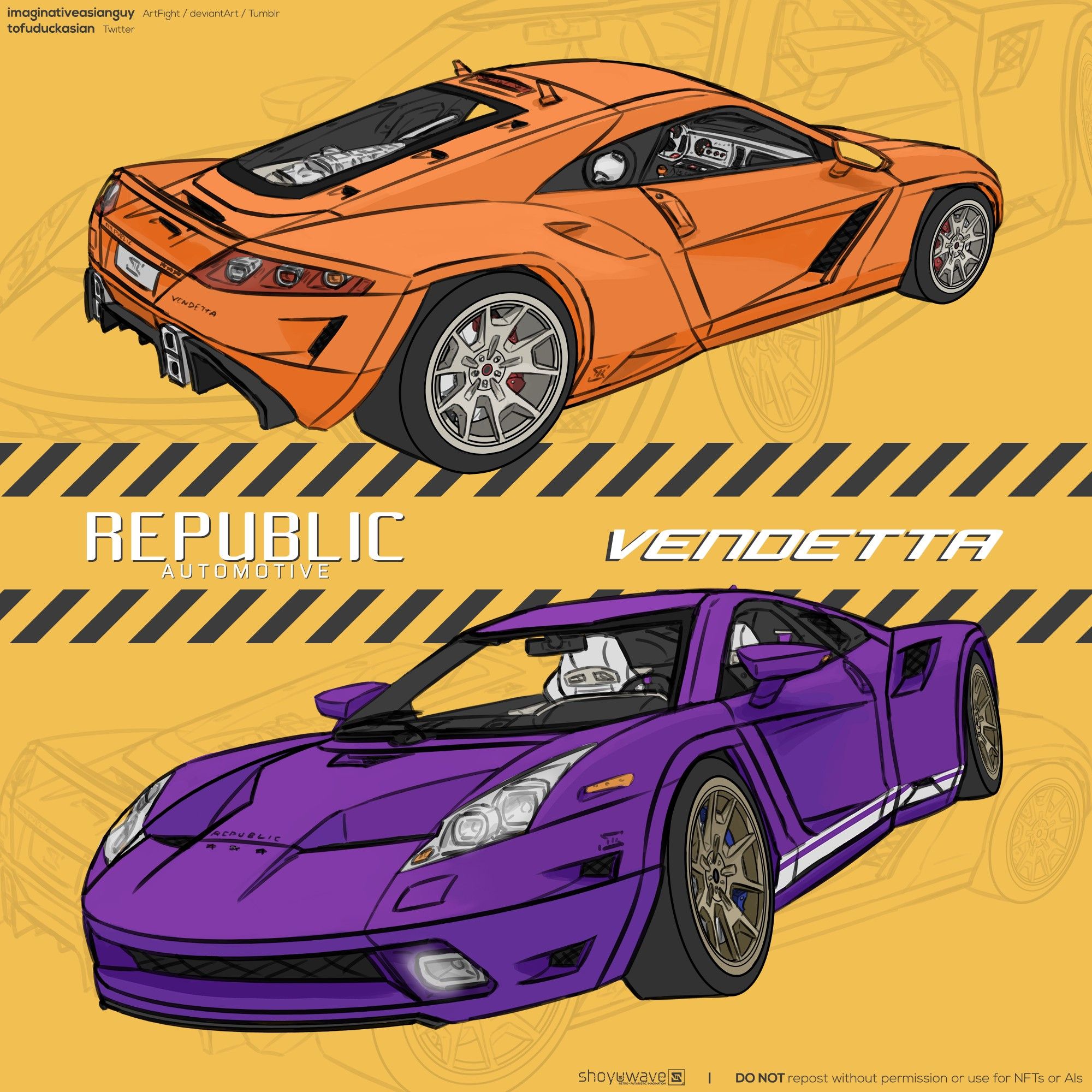 Picture showing a front and rear 3/4ths view of a fictional supercar called the Republic Automotive Vendetta, inspired by designs from the game Burnout Revenge and American concept cars from the 2000s.