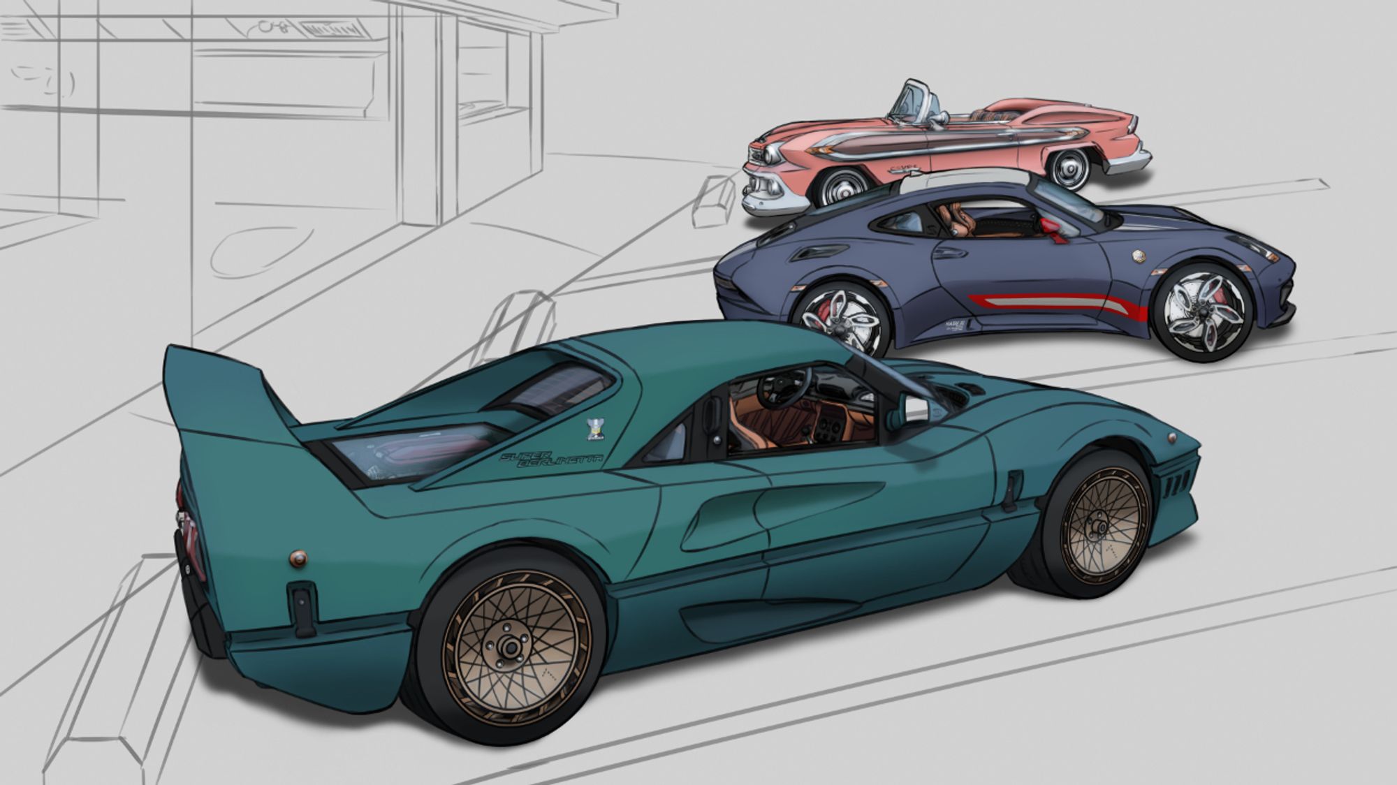 Work in progress picture of a scene featuring three cars created by tofuduckasian for his original universe.  The car in the foreground is a green Italian 1980s supercar.  The car in the middleground is a bluish-gray Japanese sports car.  The car in the background is a 1950s American convertible.  The cars are colored and have basic lighting, but no reflections.  They are all in a parking lot for a restaurant, but the background only has linework and no colors or lighting.