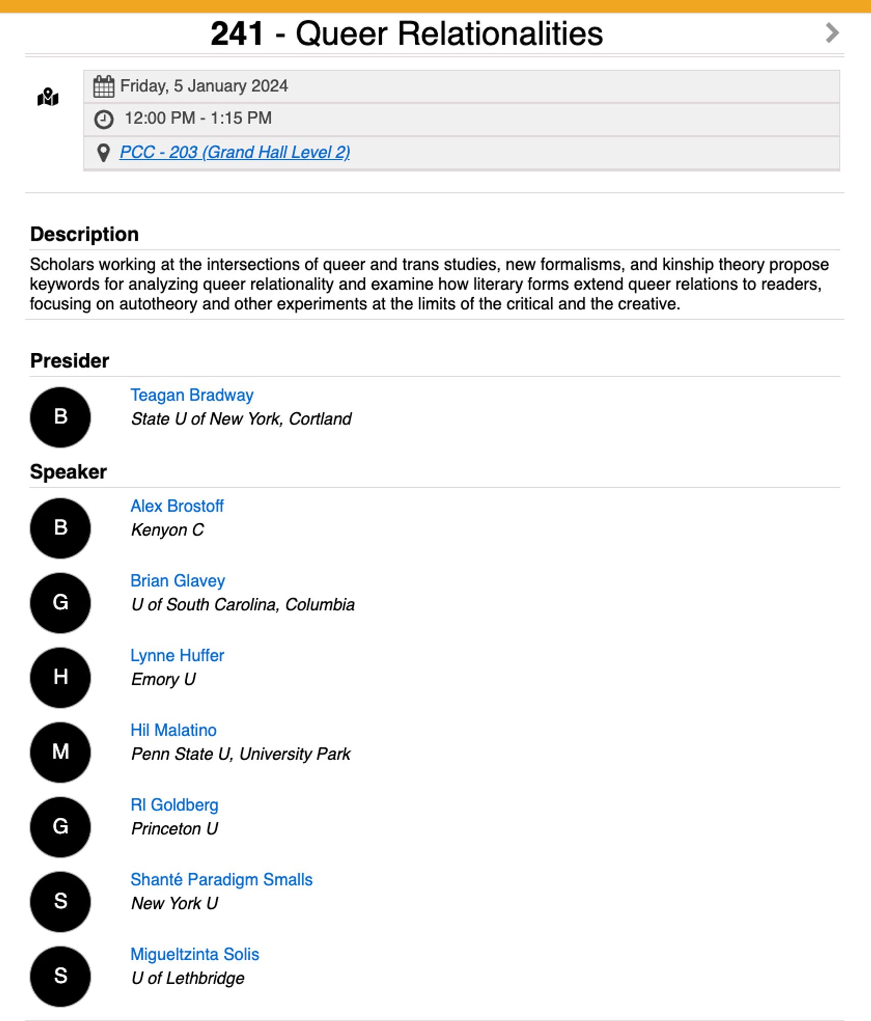 Screenshot of MLA convention program for Queer Relationalities roundtable