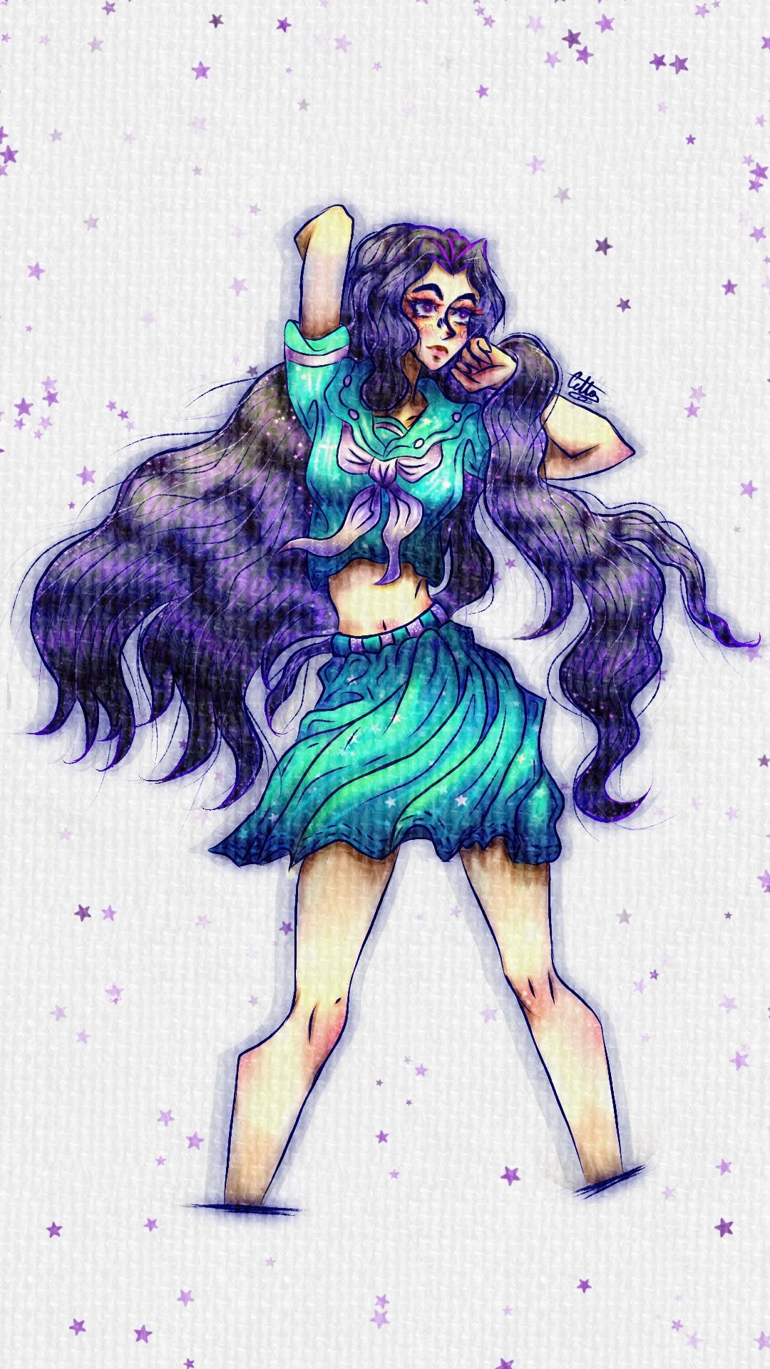 Full body drawing of a girl with long dark brilliant hair and with her light blue uniform in digital with white background with little purple stars