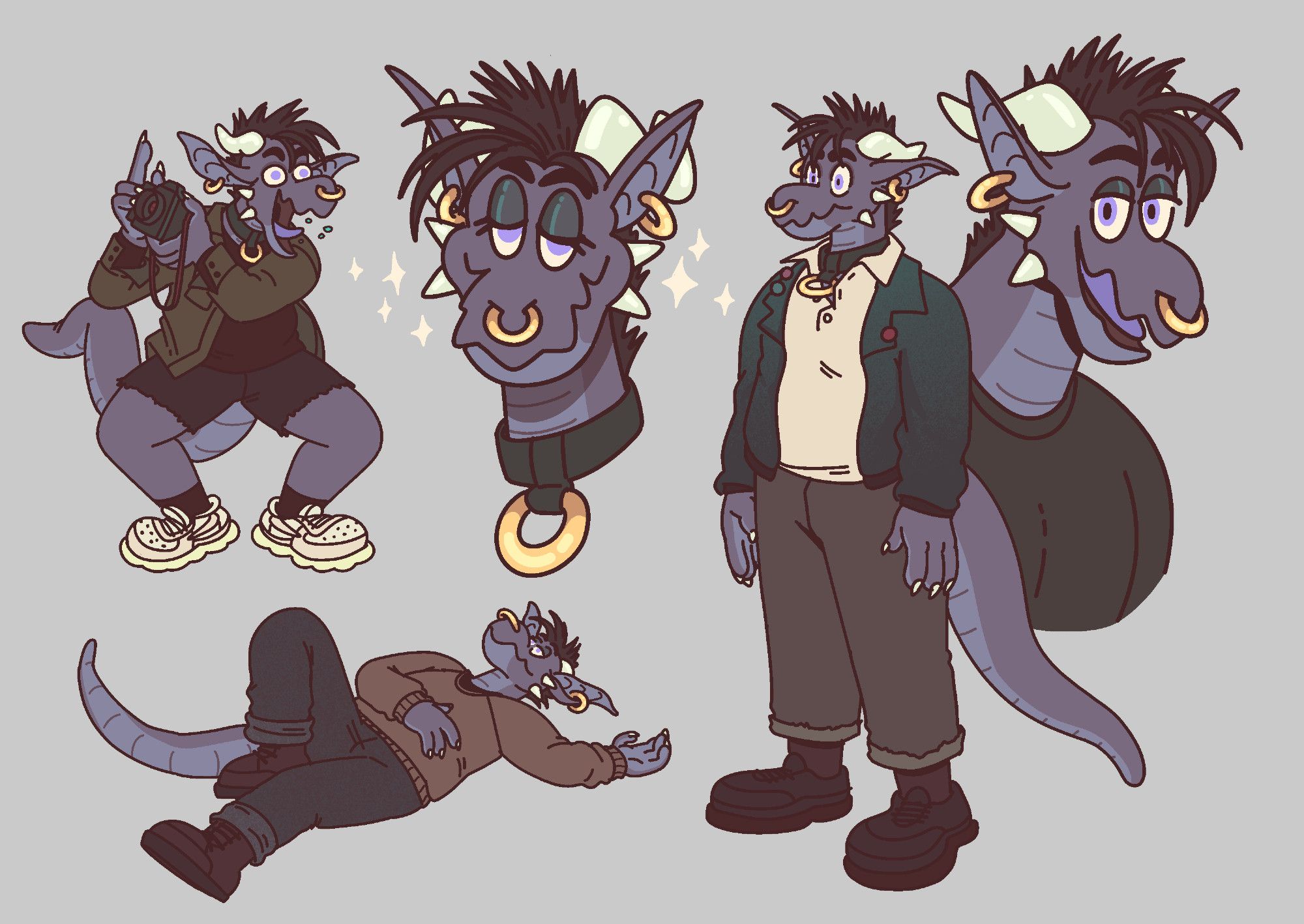 5 different poses of Soot the kobold in a character sheet drawn by @repoghost.bsky.social