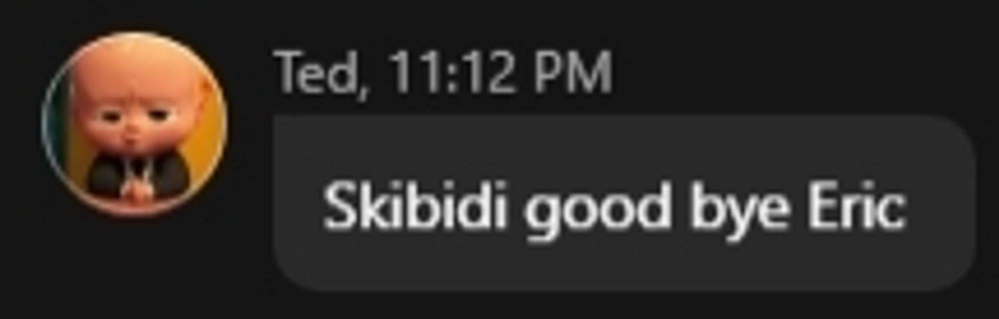 A scammer pretending to be the Boss Baby from The Boss Baby (Ted Templeton Jr.) saying the message "Skibidi good bye Eric" on Skype.