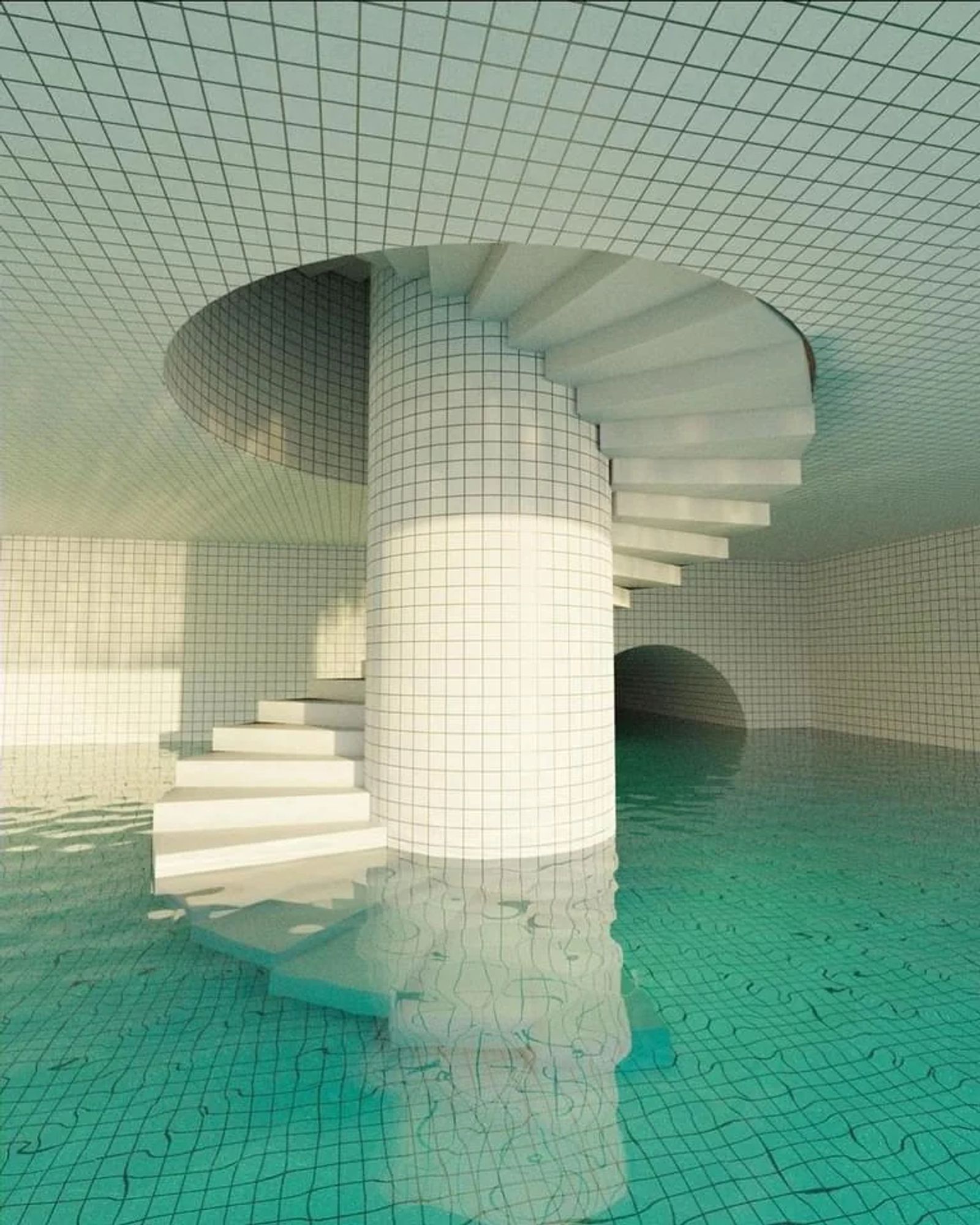 dream pool spiral staircase, a liminal space made out of the texture-language of indoor hotel swimming pools