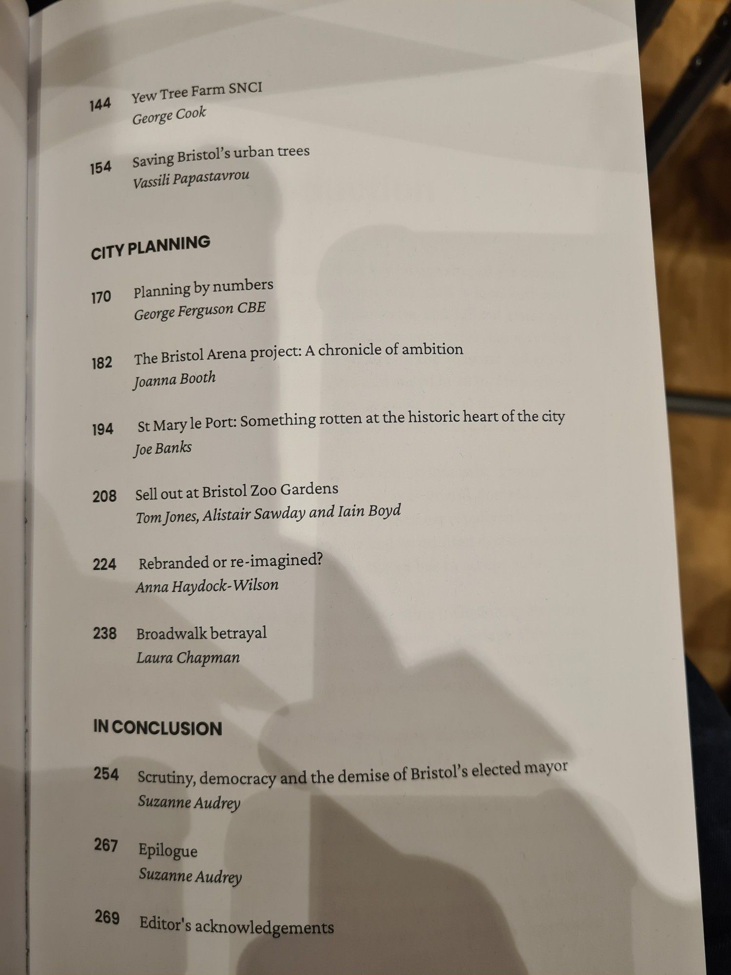 Contents page of the book Our City: Community Activism in Bristol edited by Suzanne Audrey. Sections include: City Planning and In Conclusion.