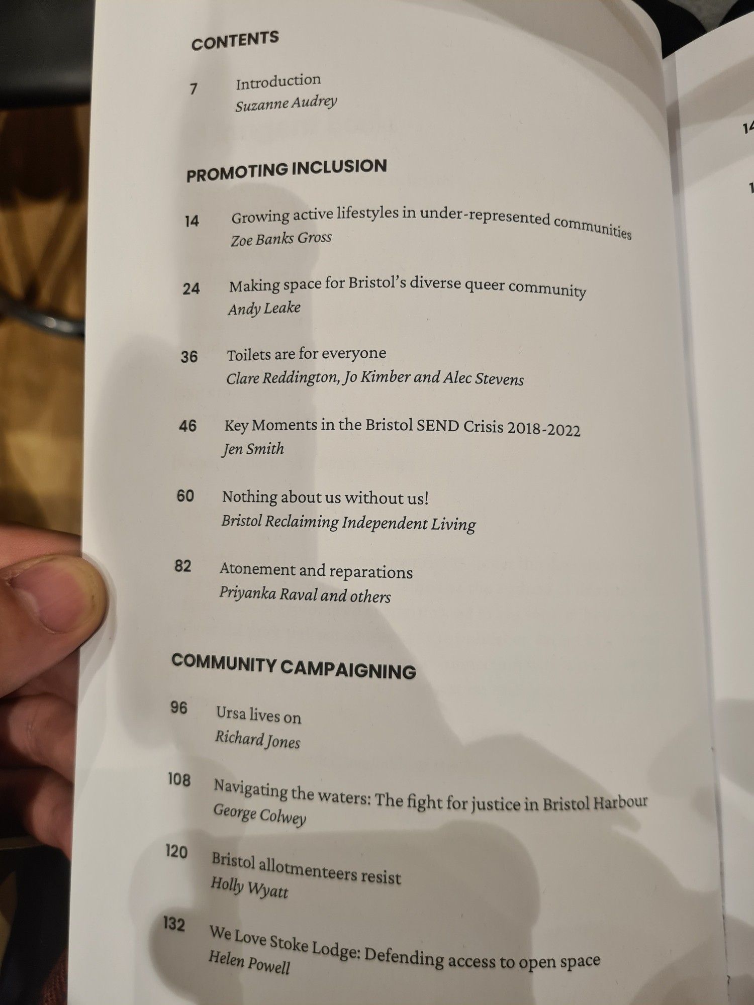 Contents page of the book Our City: Community Activism in Bristol edited by Suzanne Audrey. Sections include: Promoting Inclusion and Community Campaigning.