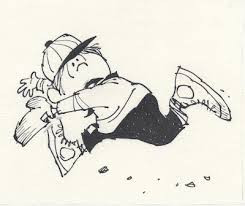 a boy trying to catch a baseball. A lineart cartoon by Paul Coker, Mad magazine artis