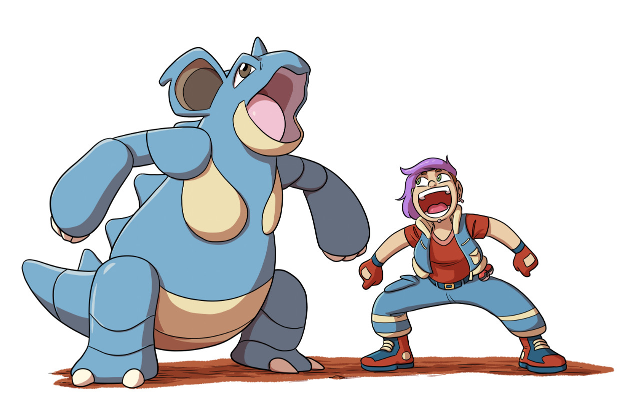 Una Nidoqueen rugiendo mientras Bárbara está junto a ella vestida de entrenadora Pokémon, imitando su rugido y sonriendo.