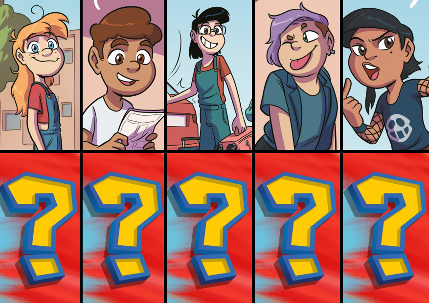 Arriba, los cinco personajes principales del comic '¡Astrid!'. Debajo, una interrogación bajo cada uno de ellos. La interrogación está sacada de un screenshot de la serie, cuando preguntaban "who's that Pokémon?"