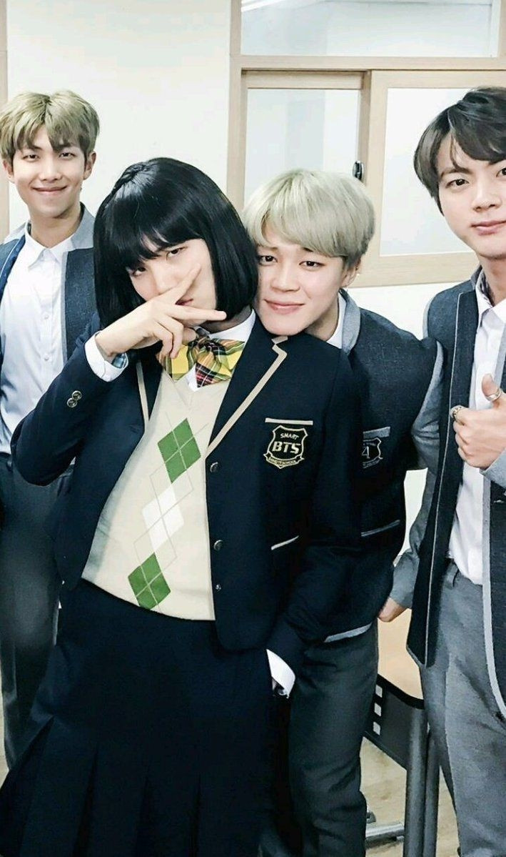 A pic of run bts high school themed episode with yoongi as yoonji, jimin has his head on his shoulder and joon and jin are also on the back of the pic