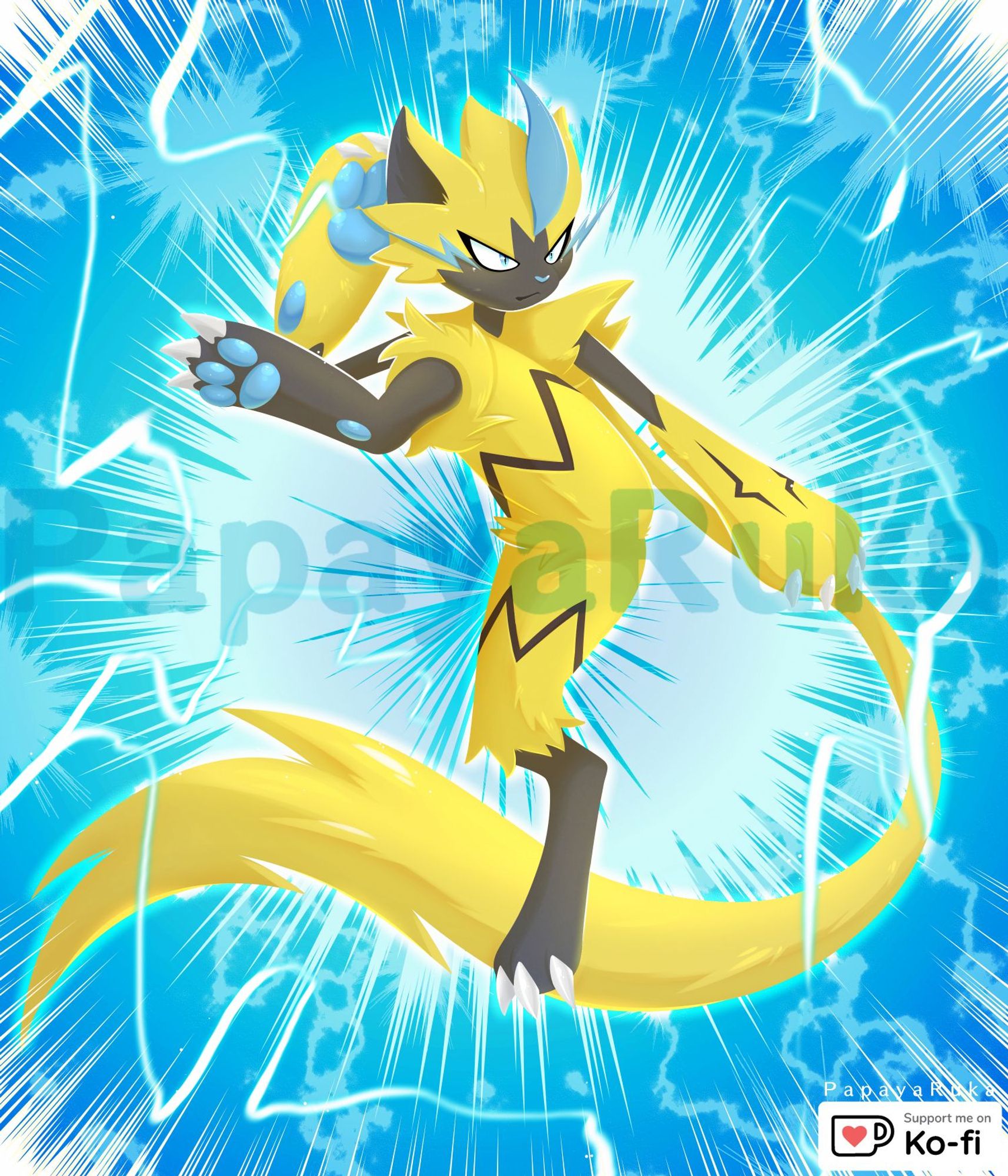 A piece presenting the electric Pokemon Zeraora doing an acrobatic pose and having a fierce look