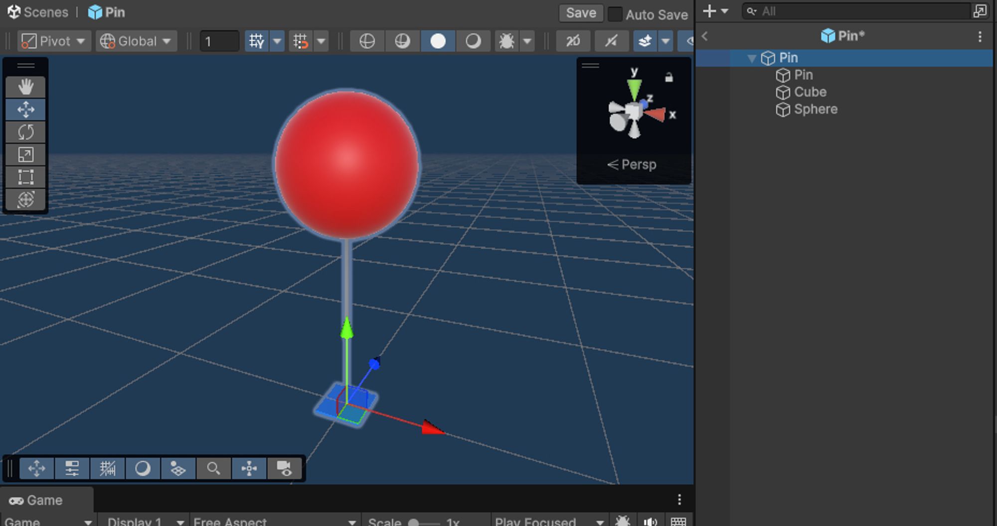 An image of a 3D pin as a prefab in the Unity editor