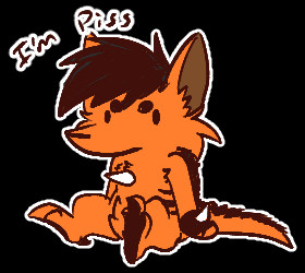 an orange canine, kangaroo, hybrid of sorts sitting there being angry. with the words "I'm Piss" above them