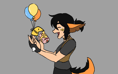 A humanoid with orange ears and tail gleefully recieving a gift from a small yellow bird creature, that is floating up by 3 balloons