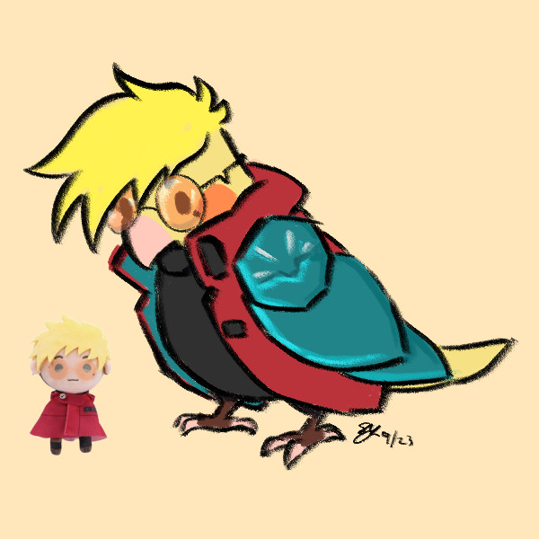 A bird version of Vash looking down at Teru Vash