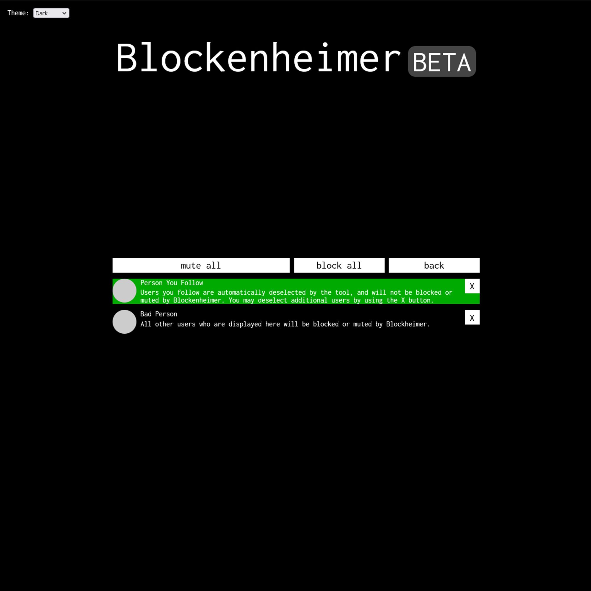 Screenshot of Blockenheimer's listing page. It contains the buttons "mute all", "block all", and "back", followed by a list of fictional users.