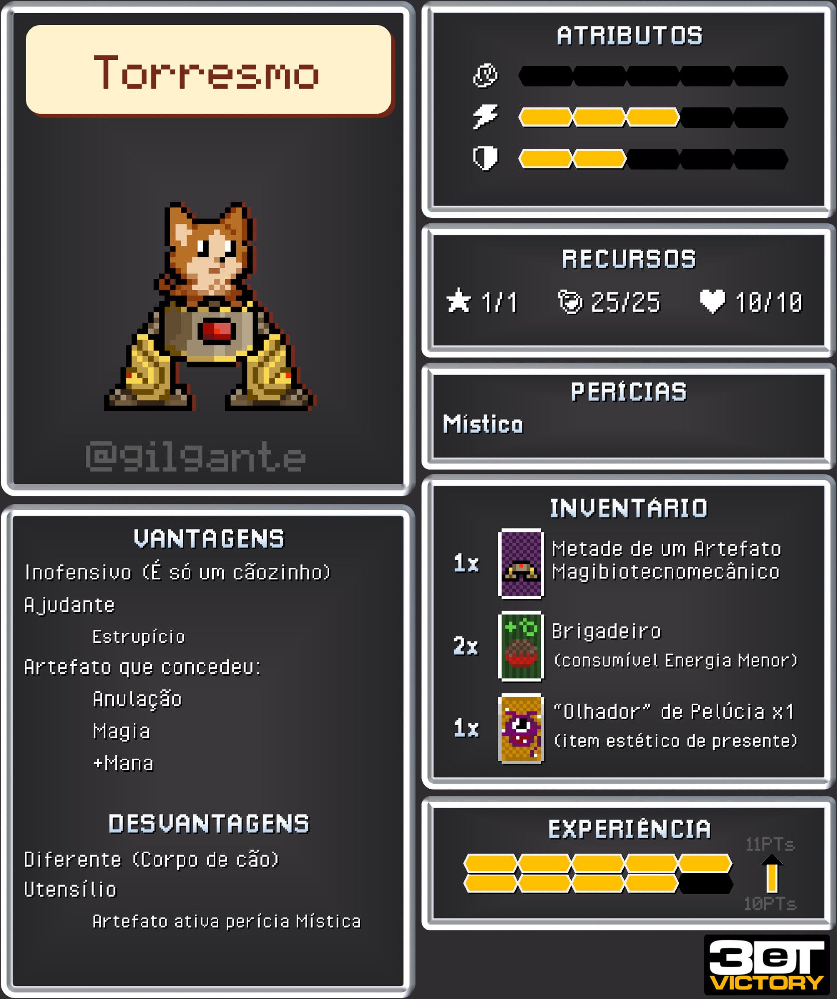 Ficha de 3DeT Victory imitando JRPG pixelart de um cãozinho sobre o a metade debaixo de tronco de um robô gorila dourado chamado Torresmo.