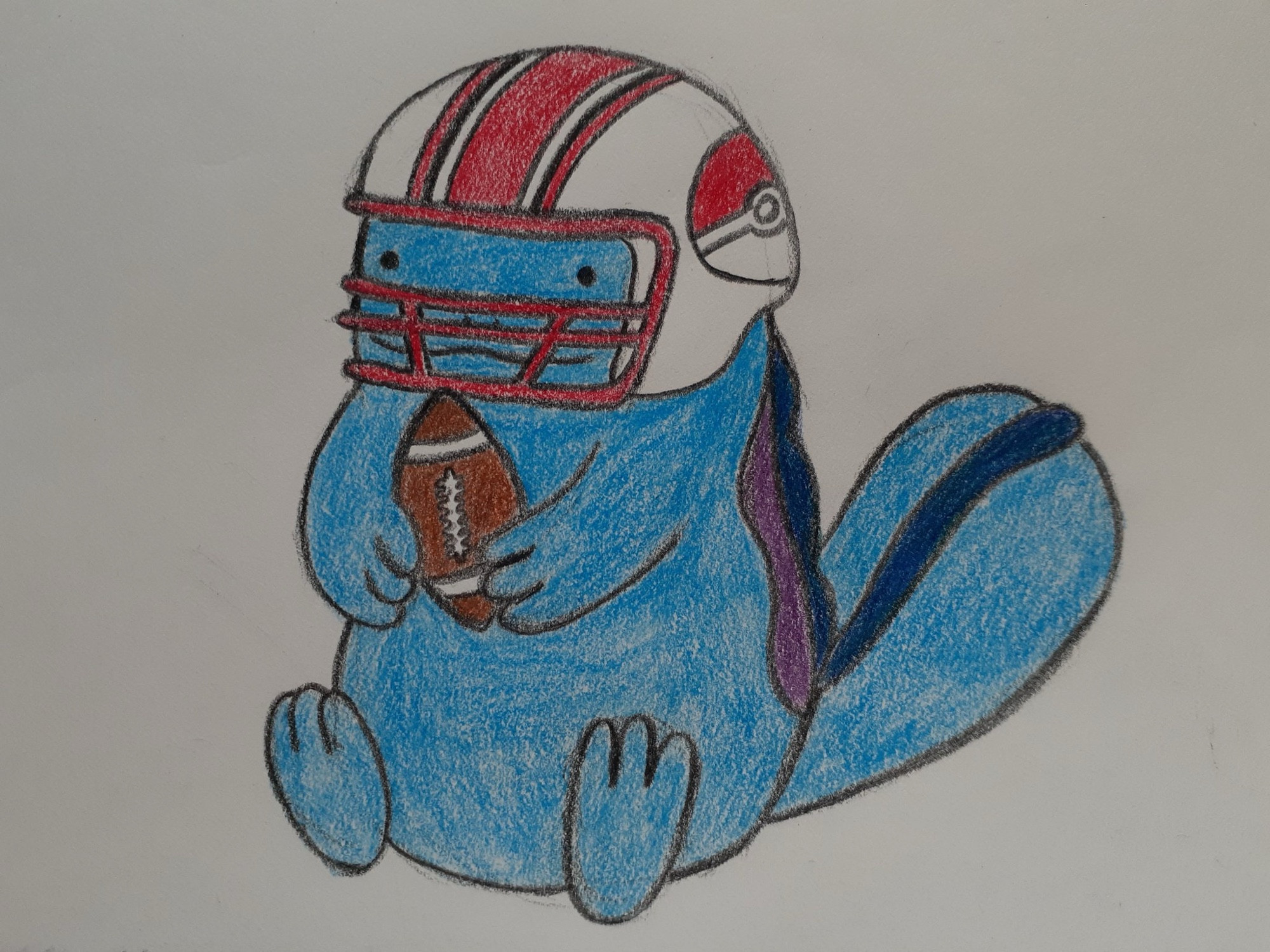 Pencil sketch from 2022 of Quagsire wearing a football helmet and holding a football