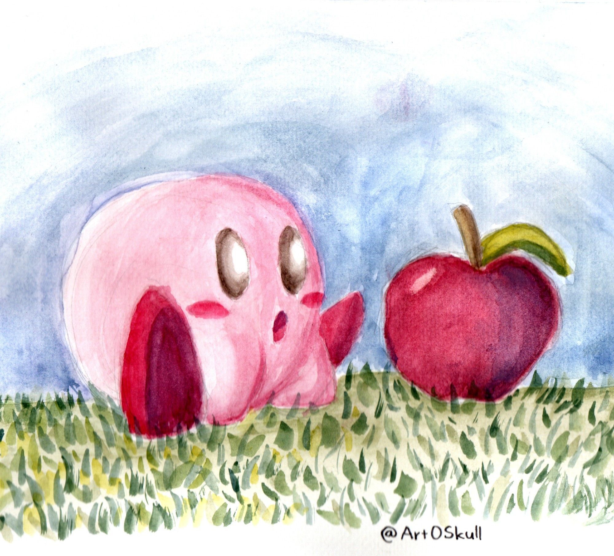 Painting of Kirby sitting on grass looking at an apple