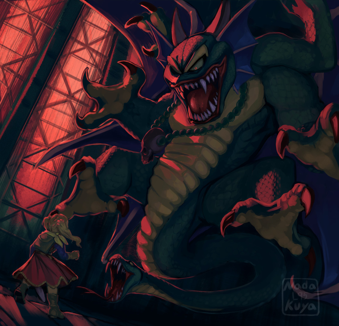 A digital painting depicting the final battle of Dragon Quest Builders 2 / ドラクエビルダーズ2 / DQB2 The protagonist, a blonde girl with pigtails is in the bottom right while Malroth, the large demon boi, towers over her. The scene takes place in an ominously lit citadel next to stained glass windows. 

Red light pours in from outside.