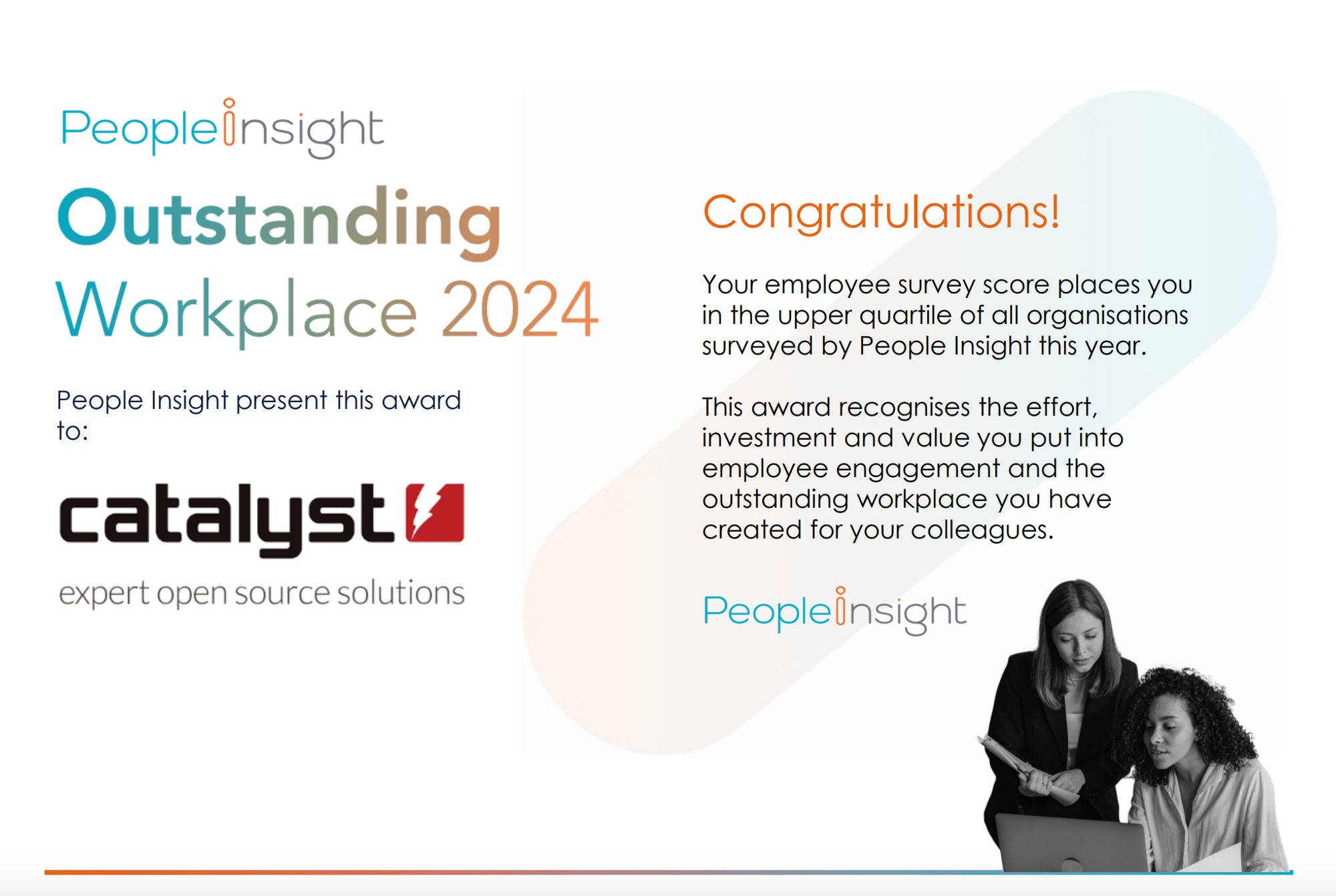 Image of People Insight award certificate - Catalyst IT Europe awarded for Outstanding Workplace 2024.