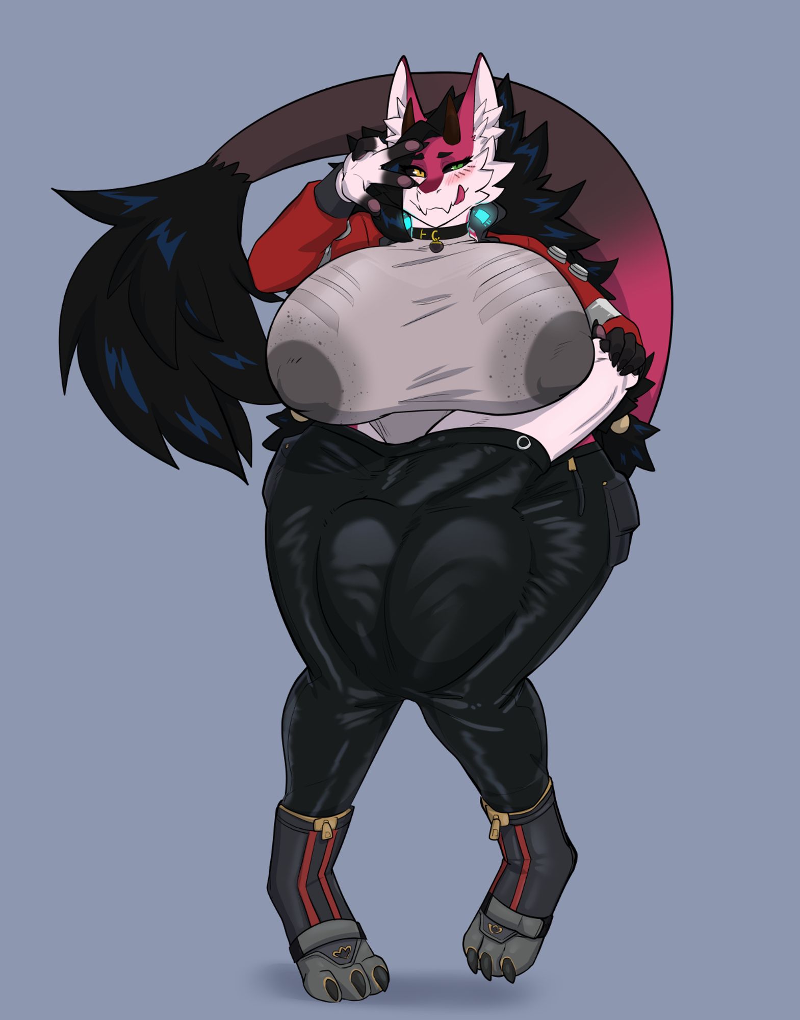 kiki the novabeast posed with a peace sign and she is sooooo thick that her clothes can barely contain her large boobies and cock (which is spilling out of her leather pants). cyber themed outfit.