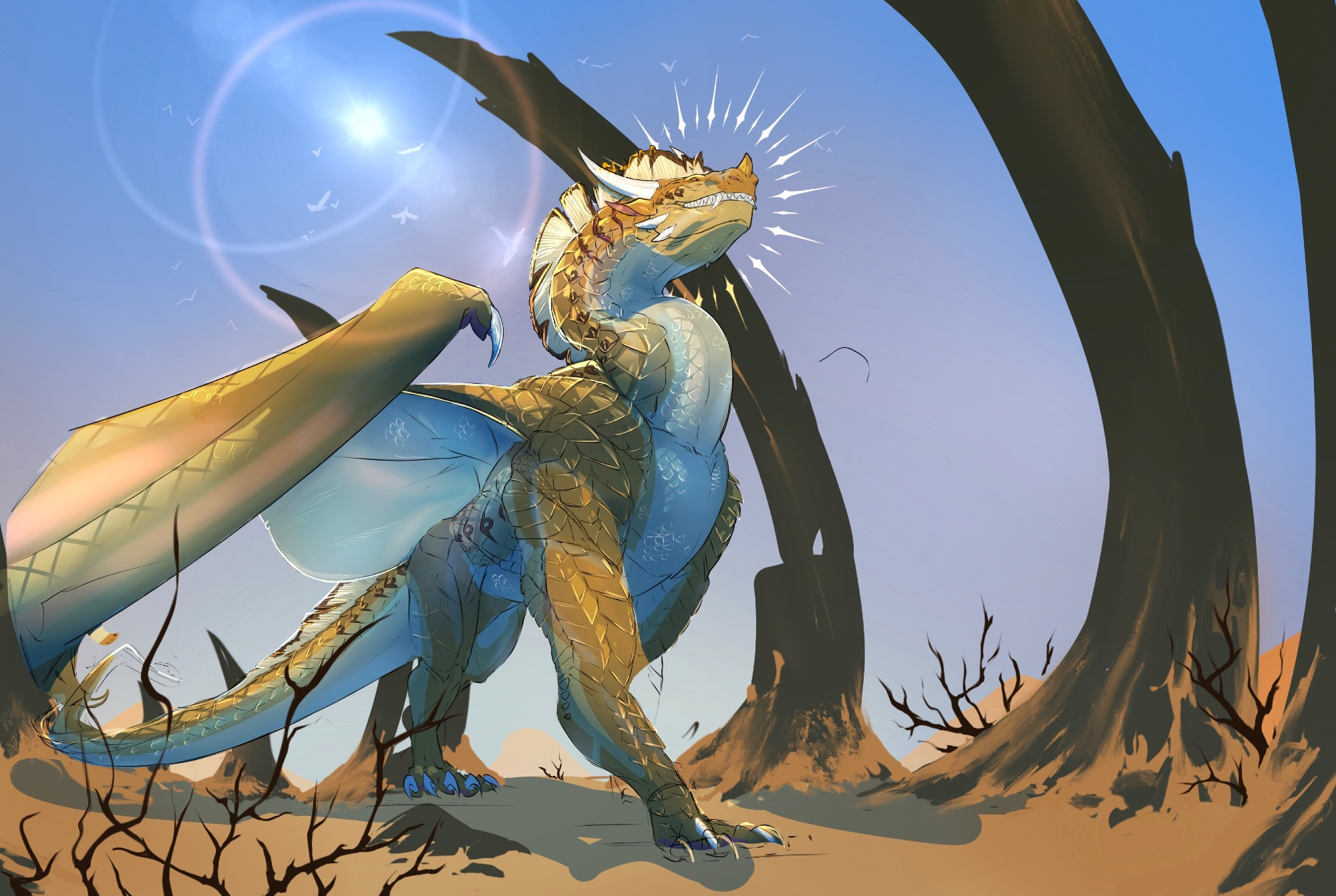 A Sandwing dragon (Kawara) walking in a desert.