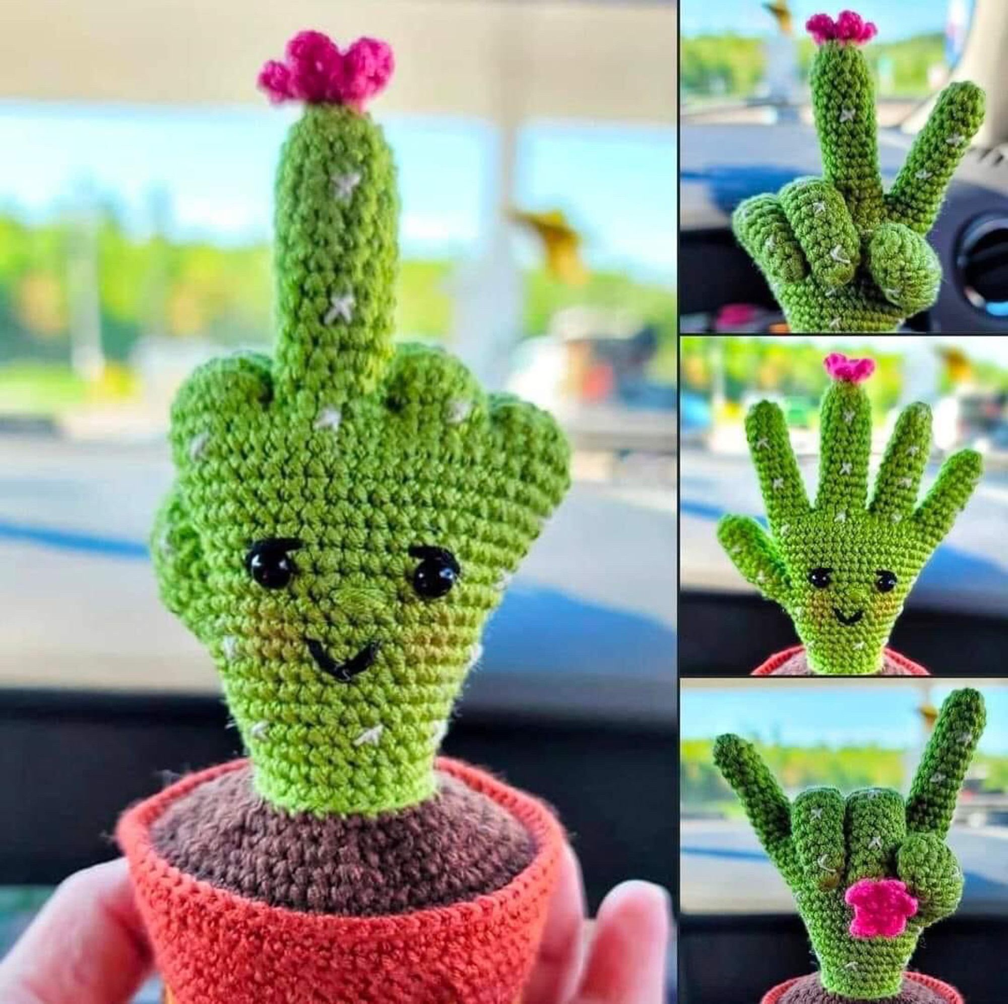 4 images d’un cactus vert tricoté en forme de main  , une fleur rose se trouve sur le majeur. Le pot et la terre sont dans lequel se plante le cactus sont eux aussi tricotés. 

 Image une qui fait la moitié gauche de la photo , le cactus fait un doigt d’honneur avec un souris sur la partie centrale de la main et deux yeux 

Les 3 images sur la moitié droite
Image du haut le cactus fait un V de victoire ✌🏽 

Image du milieu la main cactus est ouverte


Image du bas le cactus fait une main de rock 🤘