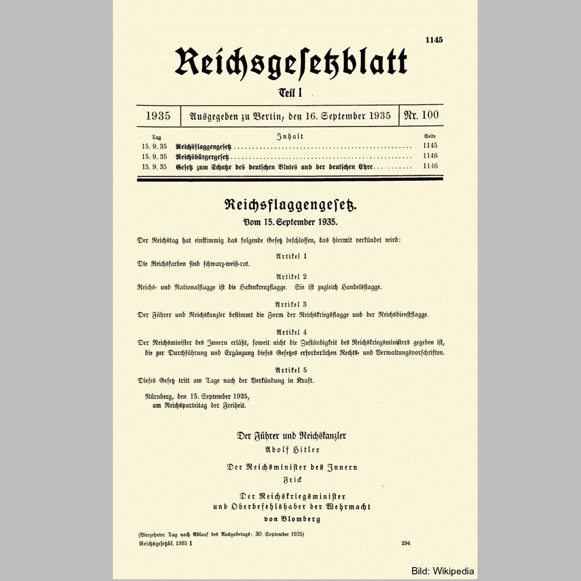 Titelblatt Reichsgesetzblatt 16.9.1935