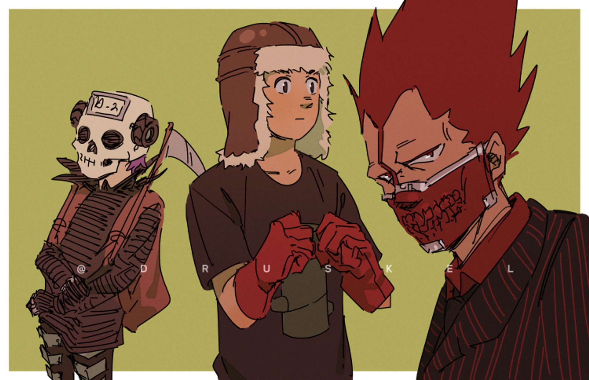 Fan art of En, Fujita, and Ebisu from Dorohedoro.