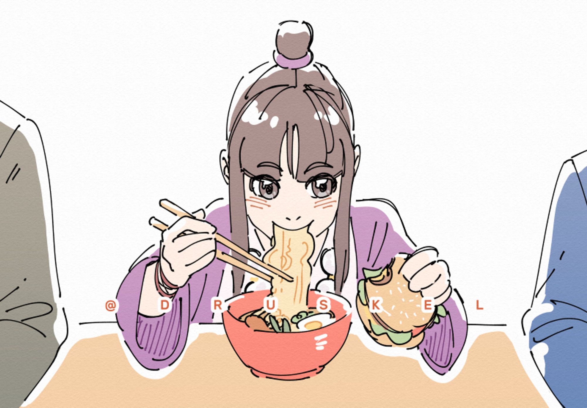 A drawing of Maya eating ramen with one hand and a hamburger with the other.