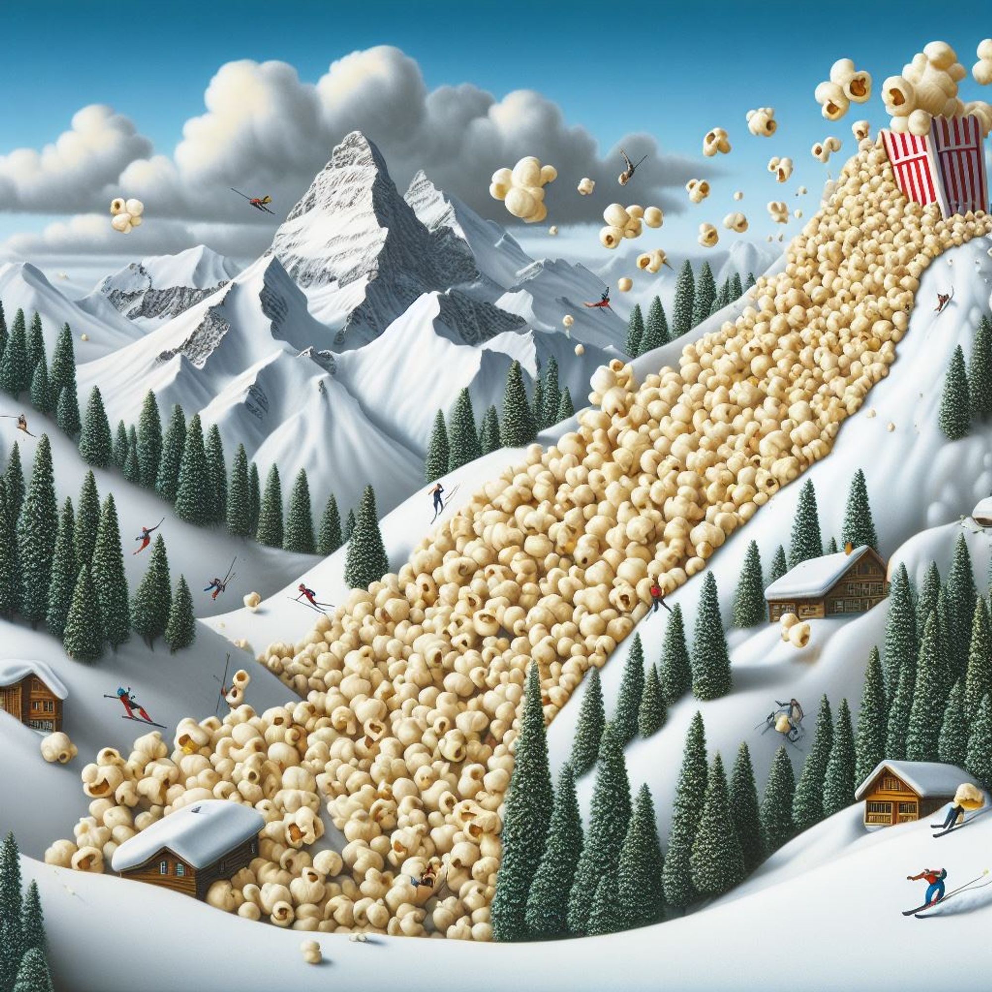 Image IA: montagnes enneigées avec une avalanche de pop corn