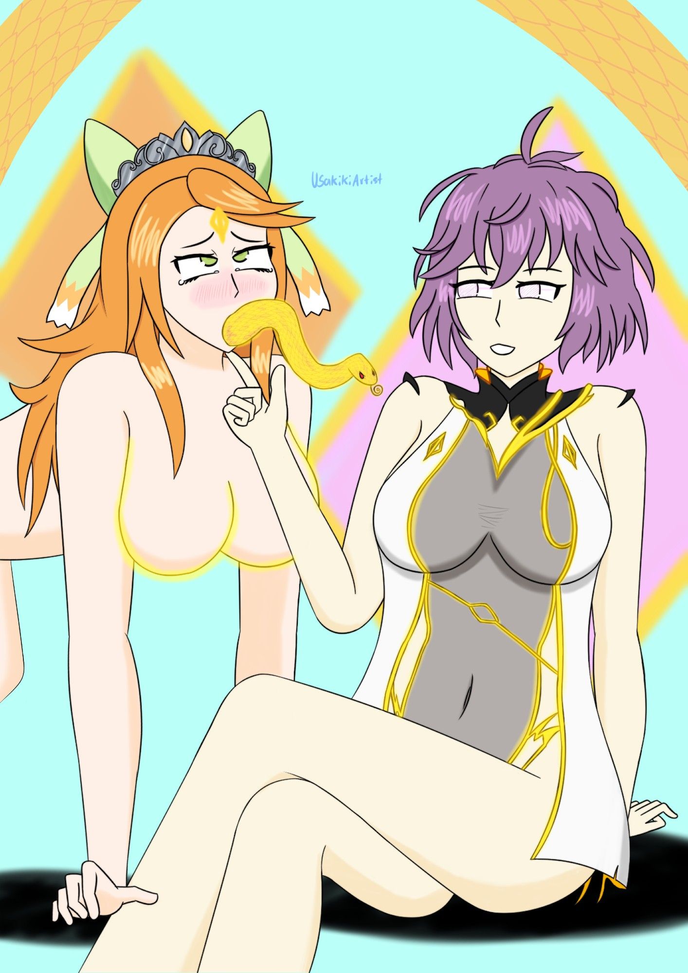 Gulliverg Bernadetta converting Etie into a Golden Servant for her, using a golden snake that has entered Etie's behind.