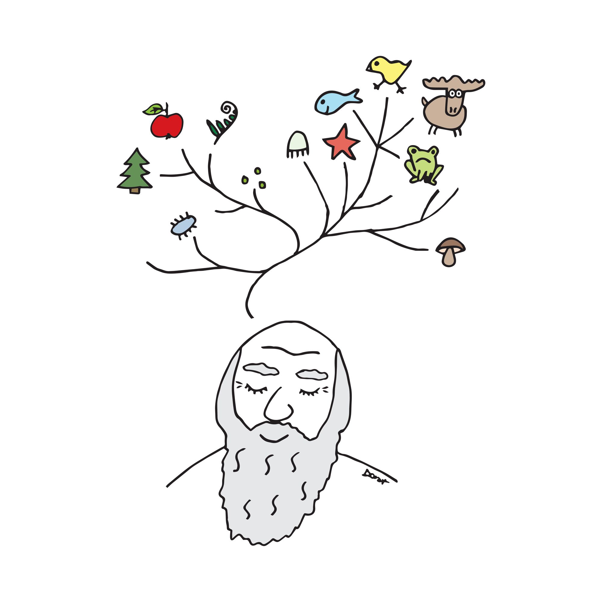 A cartoon portrait of Charles Darwin dreaming about the tree of life