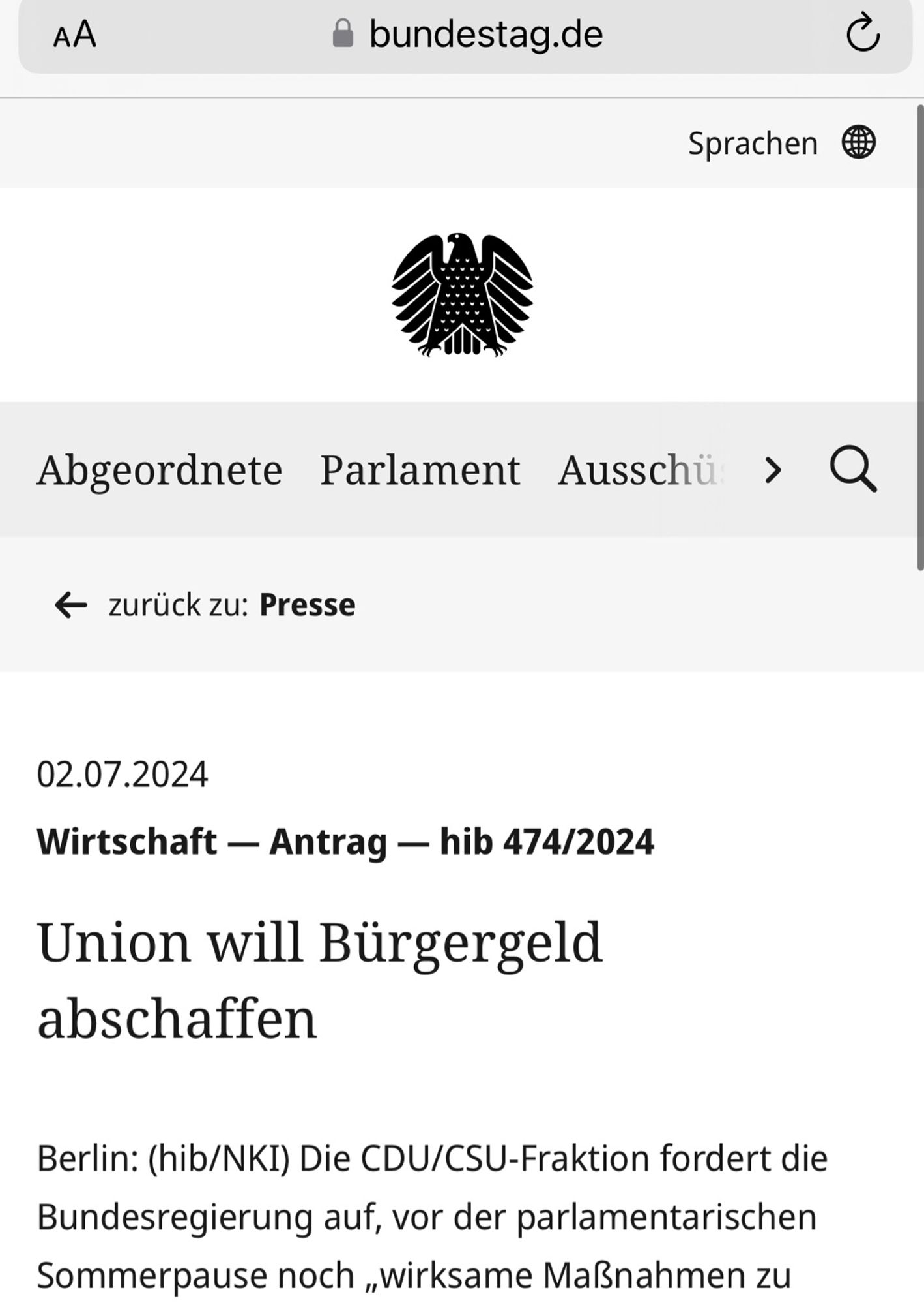 Wirtschaftsantrag der CDU/CSU Fraktion, das Bürgergeld "noch vor der Sommerpause" abzuschaffen.