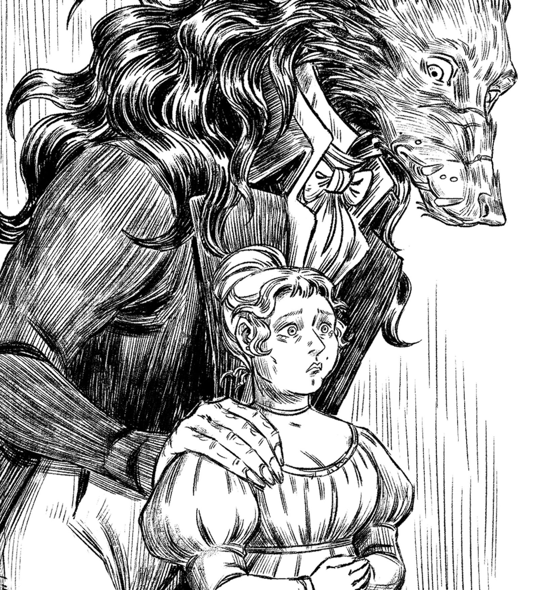 crop of digital ink illustration: a woman stands in a 1820s gown with a look of apprehension on her face. A large wolf beast stands behind her, placing a hand on her shoulder as he looks at her with concern.